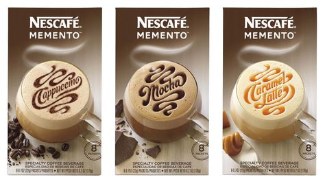 Lettering by Erik Marinovich  Client: Landor Associates w/ Nescafé    Art Direction: Anastasia Laksmi    Lettering for Nescafé’s new instant coffee brand called Memento. I worked closely with Landor Associates in San Francisco to create custom lettering on the packaging for each flavor. Nescafe Coffee, Coffee Sachets, Freebies By Mail, Coffee Pack, Caramel Latte, Creative Coffee, Bargain Hunter, Coffee Samples, Coffeehouse