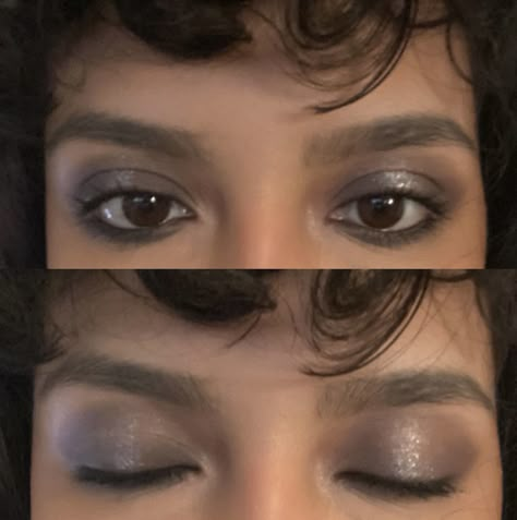 Dark Shimmer Eyeshadow, 90s Smoky Makeup, Grey Eye Makeup Looks, Grey Makeup Ideas, Smudgy Eye Make Up, 90s Whimsigoth Makeup, Makeup For Grey Outfit, 90s Messy Makeup, 90s Cool Toned Makeup