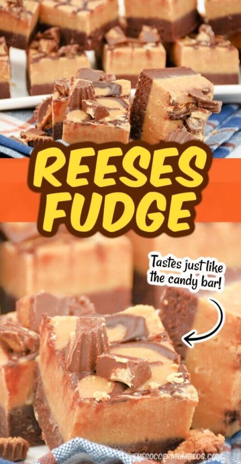 This chocolate peanut butter fudge delivers the flavor of a Reese’s peanut butter cup. The recipe tastes just as good as it looks! Reese’s Fudge, Reeses Pieces Recipe, Peanut Butter Chips Fudge, Reese Fudge Recipe, Peanut Butter Chip Recipes, Peanut Butter Chocolate Fudge, Reese's Recipes, Candy Homemade, Peanut Butter Dessert Recipes