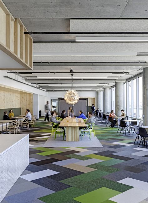 Some nice color blocking, and an interesting mix of #Eames and #Wegner chairs.   Cisco Offices / Studio O+A Corporate Office Design, Office Lobby, Office Carpet, Office Floor, Corporate Interiors, Open Office, Workplace Design, Installation Design, Commercial Interior Design