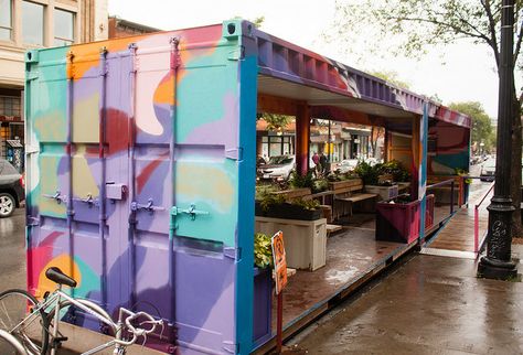 Open space is cities is often limited, making parks and places to relax and socialize precious. In light of this, Montreal has turned shipping containers into parklets equipped with planters, seating and local art. Recycling materials makes #LQC easy! #Placemaking #StreetsAsPlaces Box Park, Community Places, Container Restaurant, Container Cafe, Urban Intervention, Bubble Tea Shop, Public Space Design, Temporary Structures, Container Architecture