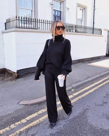 Alexx Coll, Long Black Boots, Black Fedora Hat, High Neck Sweatshirt, Outfit Styles, Wearing All Black, Black Balloons, Black High Waist, Romper Pants