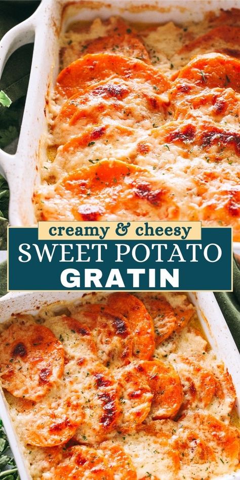 This Sweet Potato Gratin is simply irresistible, thanks to its creamy, cheesy, and perfectly seasoned sauce. It's the ideal side dish that brings a touch of indulgence to any meal. Chili Sweet Potato, Potatoes Gratin, Chili Sweet, Sweet Potato Gratin, Smoked Chili, Sweet Potato Dishes, Diy Easy Recipes, Potato Gratin, Simply Irresistible