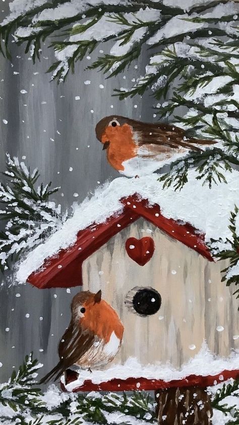 Holiday Sketches, Valentines Painting, Christmas Canvas Art, Winter Art Projects, Christmas Paintings On Canvas, Christmas Card Art, Canvas Painting Tutorials, Wood Painting Art, Holiday Painting