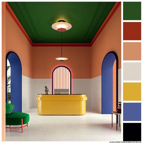 Color block living!⁠ 📷️: @notoostudio for @41zero42 @casaceramicatiles via @studiosambuckley Color Block Office Wall, Postmodern Color Palette, Color Blocking Interior Design, Colorblock Bedroom, Color Block Walls, Blue Green Color Palette, Colour Blocking Interior, Color Combinations Home, Art Deco Color