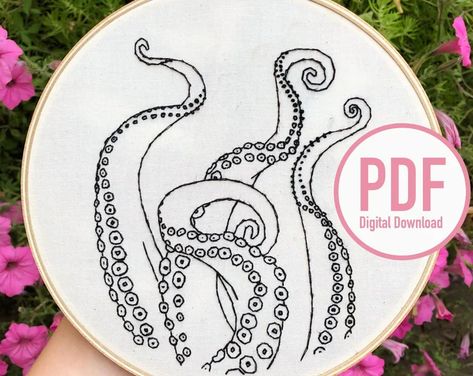 Embroidery T Shirt Ideas, Preppy Embroidery, Shells Embroidery, Octopus Pattern, Face Mas, Hand Embroidery Patterns Free, Embroidery Leaf, Octopus Tentacles, Embroidery Shirt