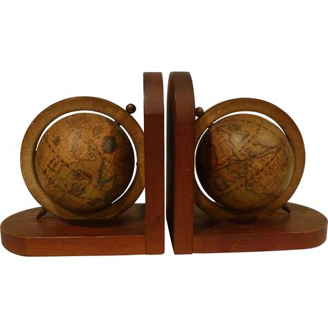 Pair Italian Old World Bookends circa 1960s Globe Bookends, Spinning Globe, Nautical Elements, Wood Bookends, Wooden Bookends, Art Deco Vanity, Home Office Library, Old Desks, Vintage Bookends