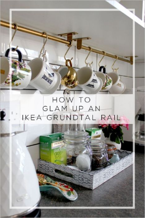 35 Glam up your Kitchen Utensils with a DIY IKEA Grundtal Rail Vertical Shelf with Hooks to Hang your Appliances Orderly - Truly Hand Picked Ikea Rail, Kitchen Glam, Kitchen Rails, Ikea Hack Kitchen, Ikea Kitchen Island, Kitchen Organization Diy, Diy Ikea Hacks, Ikea Kitchen, Ikea Diy