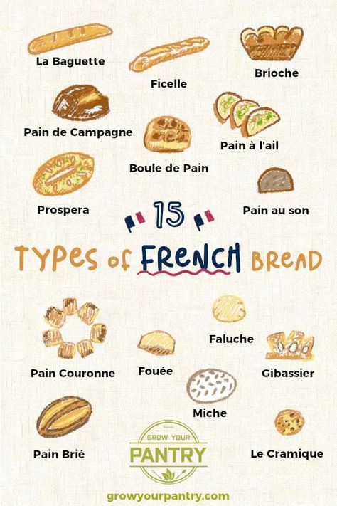 Each type of bread is distinct and tastes different... With a very specific type of look  The expert illustrations designed to help you identify that french loaf!  The article by Susan break down each type of bread to let you know the history, flavour, taste profile and texture  Check it out for more information! France Bread, Types Of Sweets, Bread Varieties, French Breads, Type Of Bread, Bread French, French Loaf, French Images, French Things