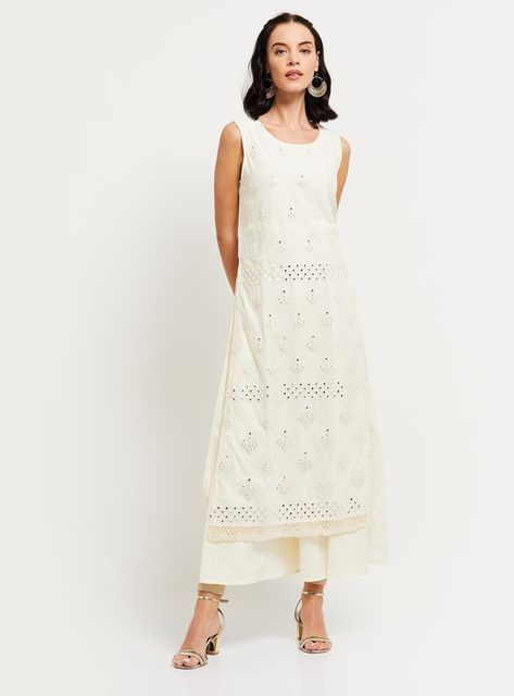 MAX Schiffli Embroidery Sleeveless Straight Kurta | White | Embroidered Shalwar Kameez Sleeveless, White Sleeveless Kurti, Schiffli Kurta, Sleeveless Kurti Designs, Sleeveless Kurti, Salwar Design, White Churidar, Sleeveless Kurta, Elegant White Dress