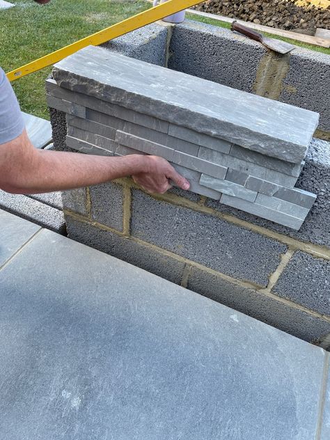 Adding porcelain cladding to concrete blockwork wall Stone Cladding Retaining Wall, Garden Feature Wall Ideas Outdoor, Garden Wall Cladding Ideas, Blockwork Wall, Concrete Wall Outdoor, Front Garden Wall Ideas, Garden Cladding, Small Garden Wall Ideas, Concrete Garden Wall