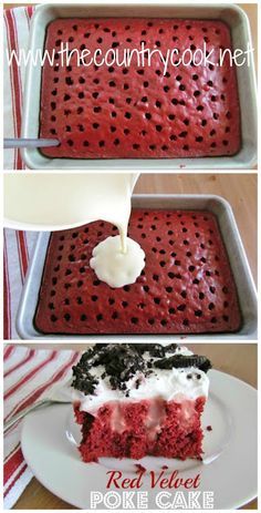 Poke Cake With Cheesecake Pudding, Red Velvet Poke Cake, Cheesecake Pudding, Country Cook, Poke Cake Recipes, Red Cake, Poke Cakes, Poke Cake, Yummy Sweets