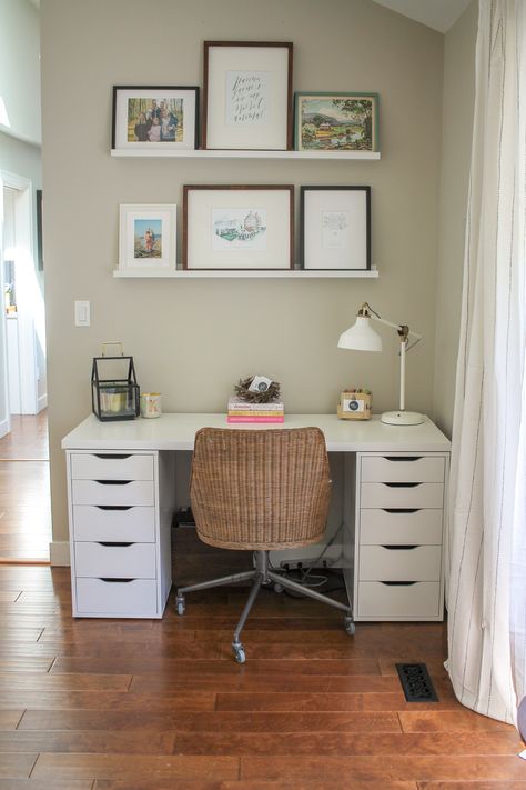 Small Office Nook In Bedroom, Living Room Corner Desk Ideas, Mini Office In Living Room, Cornwr Desk, Small Desk In Living Room Corner, Small Desk Area With Printer, Home Office White Desk Corner, Small Office Nook In Living Room, Mini Office In Bedroom