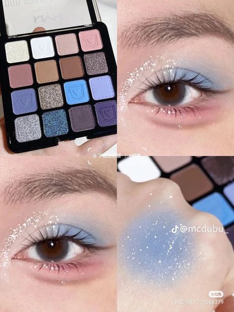 Icy Makeup Looks, Icy Blue Eyeshadow, Blue Shimmer Eyeshadow, Icy Makeup, Eyeshadow Blue, Fashion Girly, Rainbow Palette, Shimmer Eyeshadow, Blue Eyeshadow