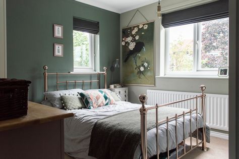 Cream Carpet Green Walls, Farrow And Ball Green, Hardwick White, Suffolk House, Bed Frame Grey, Grey Carpet Bedroom, Light Gray Carpet, Grey Roman Blinds, Brass Bed Frame