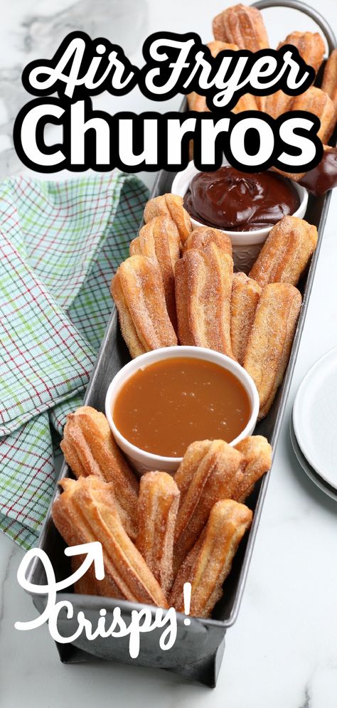 Homemade Churros Air Fryer, Churro Air Fryer, Gluten Free Churros Air Fryer, Homemade Churros Recipe Air Fryer, Air Fryer Mexican Desserts, Churro Air Fryer Recipe, Churro Recipe Air Fryer, Diy Churros Easy, Air Fryer Churro Bites