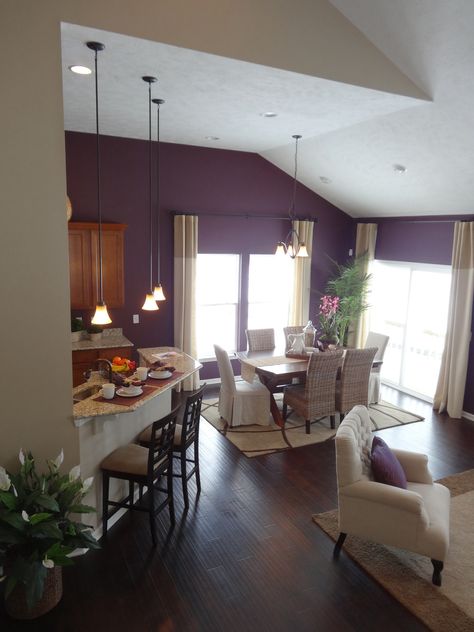 Eat in dining area. Accent wall is Sherwin Williams Blackberry. Blackberry Sherwin Williams, Sherwin Williams Blackberry, Blackberry Paint, Townhome Decor, White Beets, Sherwin William, Paint Color Pallets, Townhome Decorating, Wall Colour