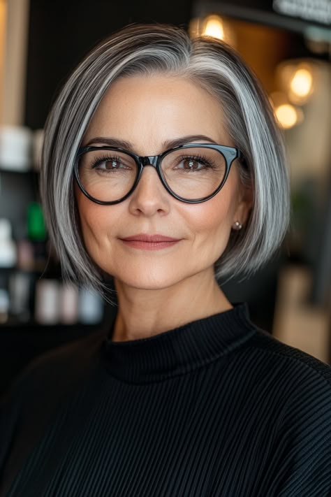 Short Bob Updo, Short Feminine Hair, Hairstyle With Glasses, Senior Hairstyles, Gray Highlights Brown Hair, Edges Hairstyles, Gray Transition, Bob Updo, Gray Silver Hair