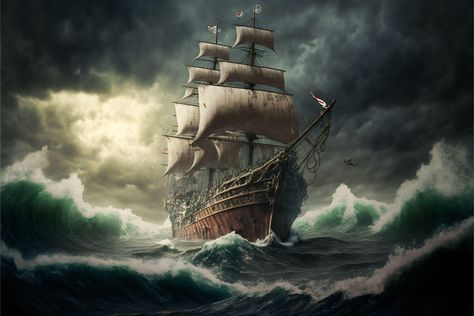 Old Ship in Rough Seas - Canvas, Metal, Acrylic, or Giclee Quality Prints  - Mounting Hardware Included! Ship In Rough Seas, Old Ship, Rough Seas, Ghost Ship, Stormy Sea, Small Boats, Big Waves, Tall Ships, A Storm