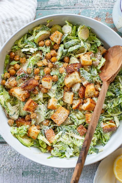 This Shaved Brussels Sprouts Caesar Salad is 100% dairy-free and totally tasty! A fall take on a classic salad recipe! Roasted Chickpeas Salad, Brussel Sprout Caesar Salad, Tofu Croutons, Chickpeas Salad, Vegan Chickpea Recipes, Nori Sheets, Fall Eats, Shaved Brussel Sprouts, Vegan Caesar Salad