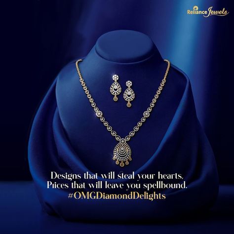 It has truly never been seen before. Luxurious diamond necklace sets at inexpensive prices! Starting at ₹49,999. Such magic is only possible with Reliance Jewels. Explore our stunning Diamond Delights collection at your nearest showroom. Reliance Jewels, Diamond Earrings Design, Diamond Necklace Set, Necklace Sets, Gold Jewellery Design Necklaces, Gold Jewelry Indian, Jewelry Design Necklace, Royal Jewelry, Gold Jewellery Design