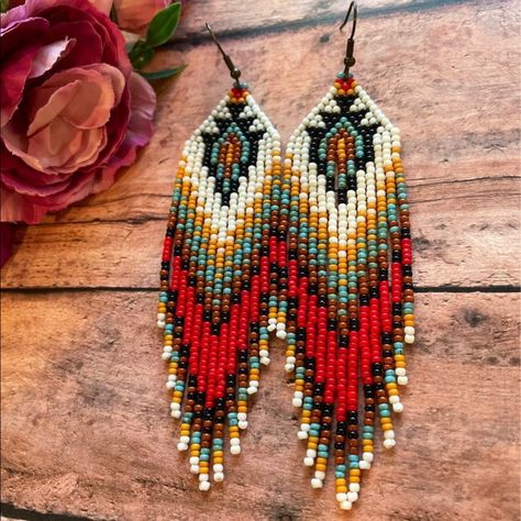 Item No 155 Handmade Item Length: 4 1/2 Inches; Width: 1 Inch Materials: Beads Closure: Fishing Earring Hooks Style: Western Style Bundle For Saving! Come From Non Smoking And No Pat Home! Native American Fringe Earrings, Native Beadwork Earrings, Seed Bead Pendant, Beaded Western Earrings, Southwestern Fringe Beaded Earrings As Gift, Western Beaded Earrings, Beaded Turkey Earrings, Fringe Beaded Earrings, Grinch Seed Bead Earrings