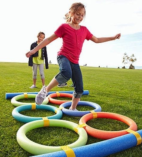 And obstacle courses. | 27 Creative And Inexpensive Ways To Keep Kids Busy This Summer Pool Noodle Games, Kids Obstacle Course, Outside Games, Pool Noodle, Pool Noodles, Children Playing, Backyard Games, Obstacle Course, Backyard For Kids