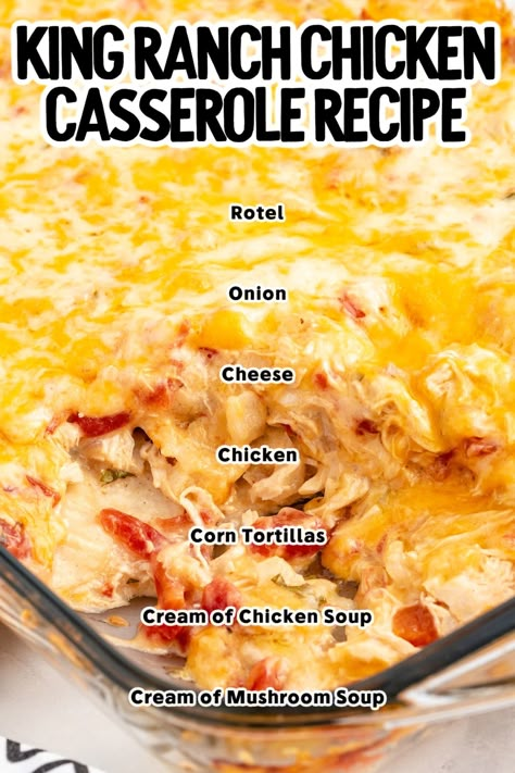 close up shot of a baking dish of King Ranch Chicken Casserole with a slice missing. King Ranch Casserole, King Ranch Chicken Casserole, King Ranch Chicken, Chicken Cooking, Ranch Chicken Recipes, Chicken Casserole Easy, Ranch Chicken Casserole, Cottage Pie, Cranberry Recipes