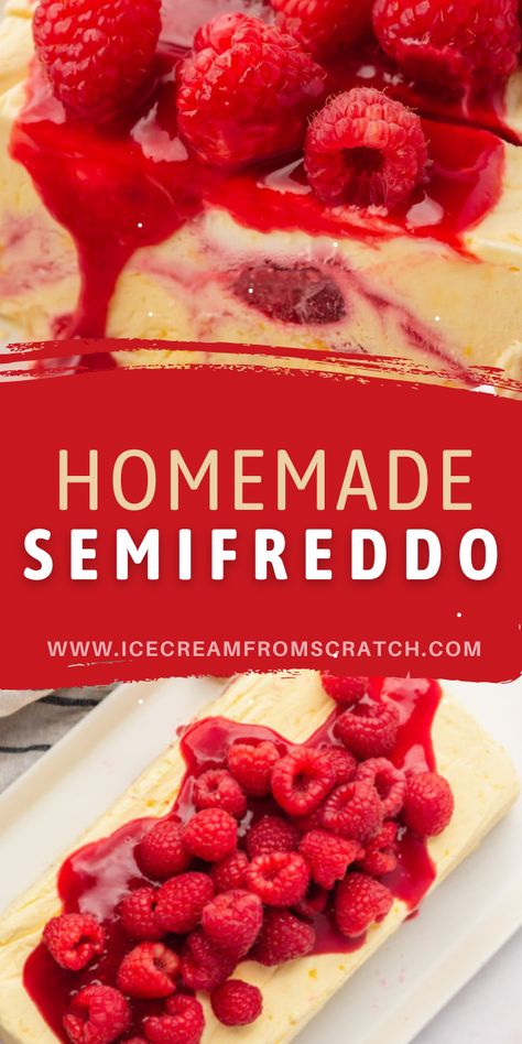 Semifreddo is a classic Italian dessert that can be compared to a frozen mousse. It's a beautiful cross between ice cream, gelato, fluffy whipped cream, and rich vanilla custard. Save this recipe with your other favorite ice cream recipes to give this unique dessert a try. Italian Ice Cream Desserts, Frozen Mousse, Ice Cream From Scratch, Cream Desserts Recipes, Semifreddo Recipe, Fancy Ice Cream, Ice Cream Gelato, Italian Ice Cream, Easy Ice Cream Recipe