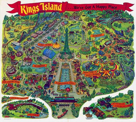 Kings Island 1975 Map - Opened in 1972 by Taft Broadcasting after a history of flood damage forced the end of the original Coney Island in Cincinnati. Several Coney flat rides were moved to KI’s Coney Mall, and a few such as the Scrambler and Monster are still thrilling guests as of 2017. Today, Kings Island is owned by theme park giant Cedar Fair, who has made tremendous improvements to undo the damage to the park's ride lineup and charm caused by the Paramount era of the 90's and 00's. Cincinatti Ohio, Island Pics, Theme Park Map, Paris Visit, Kings Island, Cheese Food, Ohio Travel, Ohio History, American Theme