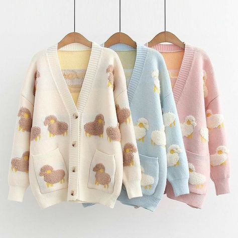 Sheep Cardigan, Crochet Sweater Design, Kawaii Sweater, Casual Hijab Outfit, Cute Cardigans, Outer Wear, College Style, Style Sweater, Really Cute Outfits