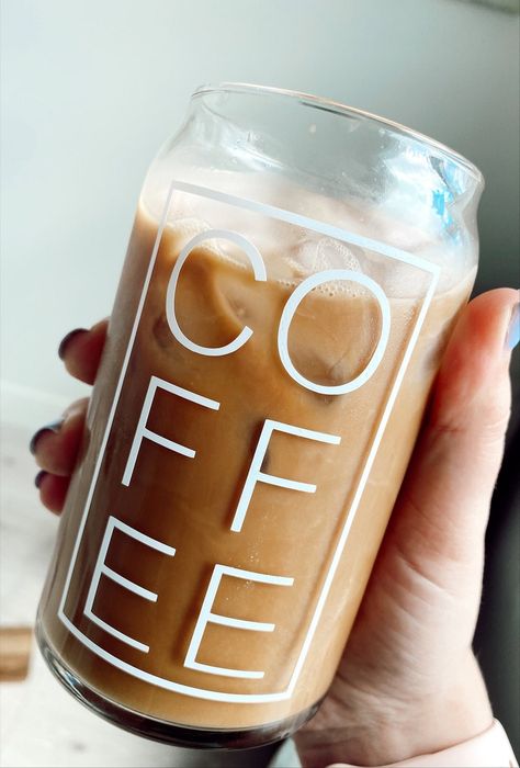 Clear Glass Cans Cute Iced Coffee Glass Personalized Glass | Etsy Cute Iced Coffee, Cricut Cups, Cute Coffee Cups, Projets Cricut, Bar Set Up, Iced Coffee Cup, Personalized Glass, Christmas Coffee, Starbucks Cups