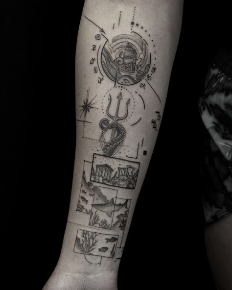 ⑉ 𝐌𝐨𝐧 𝐀𝐭𝐥𝐚𝐧𝐭𝐢𝐬 ⑉ ⛵ 🔱🧜🏻‍♀️🏛️🪸🌊🐟💧 . . . . #exogeometric #graphictattoo #tattoodesign #tattoofrance #tattooparis #tattoo91 Atlantis Tattoo, Summer Tattoo, Atlantis, Tattoo Designs, Tattoos