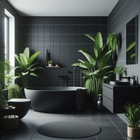 Black Bathroom Black Bathroom Design, Black And White Master Bath Ideas, Black And White Spa Bathroom, Spa Bathroom Black, Black Jungle Bathroom, Black Bathroom With Plants, Black Guest Bathroom, Black Tropical Bathroom, Dark Bathroom With Plants