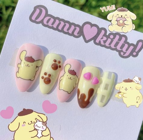 𝐷𝑒𝑠𝑐: credit linked (tap on pin or press visit) , i do not own this photo/video! Pompompurin Nails, Cat Nail Designs, Character Nails, Sanrio Pompompurin, Punk Nails, Anime Nails, Hello Kitty Nails, Really Cute Nails, Bling Acrylic Nails