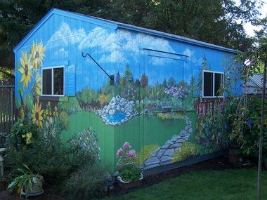 Outdoor murals from Portland's backyards and 7 tips for creating your own.http://www.oregonlive.com/hg/index.ssf/2012/06/outdoor_murals_dress_up_sheds.html Painted Garden Sheds, Renovation Facade, Outdoor Murals, Painted Shed, Garden Mural, Fence Art, Wall Murals Painted, Fence Paint, Backyard Shed