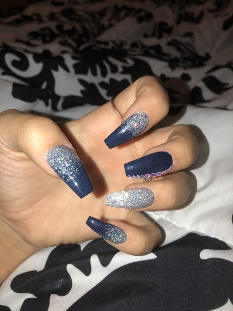 Navy Blue And Rose Gold Nails, Navy Sparkle Nails, Navy Blue Sparkle Nails, Navy Blue And Silver Nails, Debs Nails, Winter Acrylics, Quinceañera Nails, Navy And Silver Nails, Nails Navy