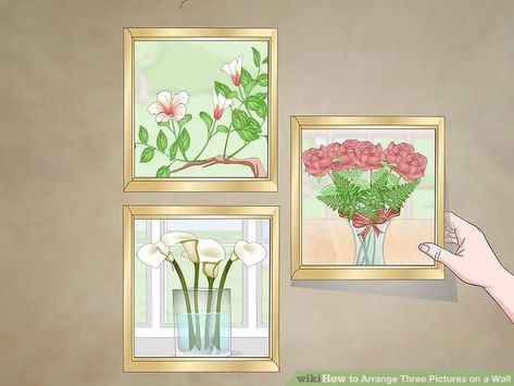 How to Arrange Three Pictures on a Wall: 12 Steps (with Pictures) Arrange 3 Pictures On The Wall, Square Pictures On Wall, Hanging 3 Pictures Layout Same Size, Hanging 3 Pictures On The Wall, 3 Pictures On Wall, Decor With Photos, Picture Groupings, Wall Photo Ideas, Picture Arrangements On Wall