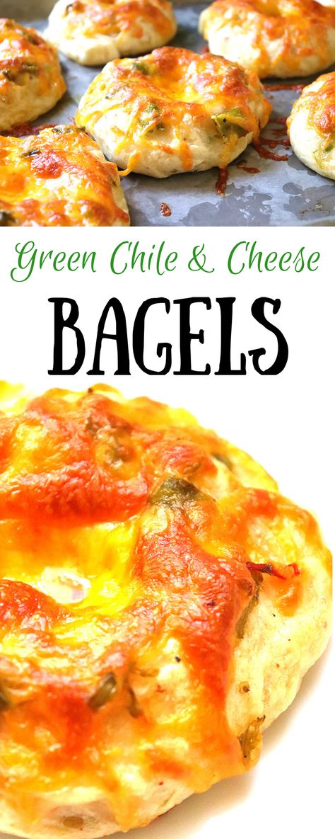 Green Chile Cheese Bagel - New Mexican Foodie Green Chili Cheese Bread, Green Chili Cheese Toast, Green Chile Cheese Bread, Hatch Green Chili Cheese Bread, Chili Cheese Recipes, Cheddar Bagel Recipe, Jalepeno And Cheddar Bagels, Homemade Green Chili, Cheddar Bagels