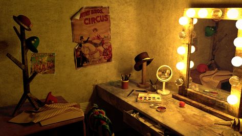 Circus House, Theatre Dressing Room Aesthetic, Clown Room Aesthetic, Clown Room, 1800s Circus Aesthetic, Circus Dressing Room, Circus Lighting, Circus Backstage, Circus Room