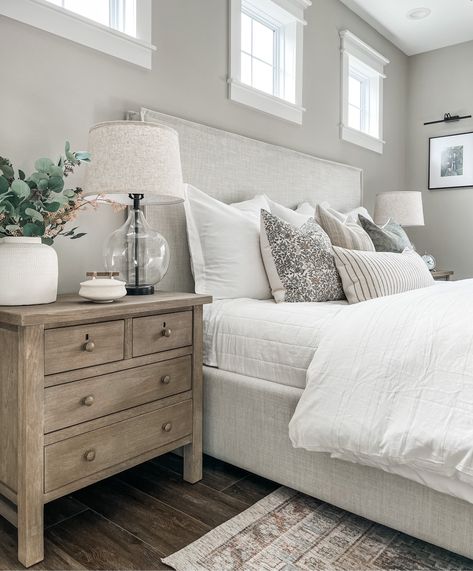 White Bed With Wood Nightstand, Neutral Colored Nightstand, Upholstered Bed Nightstand Ideas, Master Bedrooms Decor Nightstands, Large Night Stands, Modern Farmhouse Nightstand Decor, Farmhouse Nightstand Ideas, Neutral Bedroom Nightstands, Bed And Nightstand Ideas