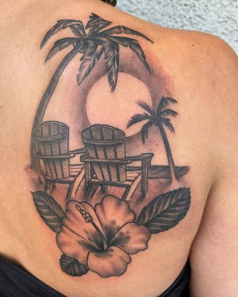 Memorie Tattoos, Beach Tats, Beach Theme Tattoos, Wolf Dreamcatcher Tattoo, Palm Tree Tattoos, Coolest Tattoos, Beach Inspired Tattoos, Beach Tattoo Ideas, Hawaii Tattoo