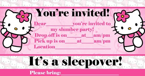 Here are two slumber party - or pajama party - invites that show Hello Kitty - click on the slumber party invite you like best and it will ... Sleepover Ideas Invitations, Hello Kitty Slumber Party Invitation, Hello Kitty Invitation Card Sleepover, Birthday Invitations Sleepover, Hello Kitty Sleepover Invitation, Hello Kitty Bday Invitation, Hello Kitty Birthday Party Invitations, Hello Kitty Sleepover Ideas, Hello Kitty Slumber Party