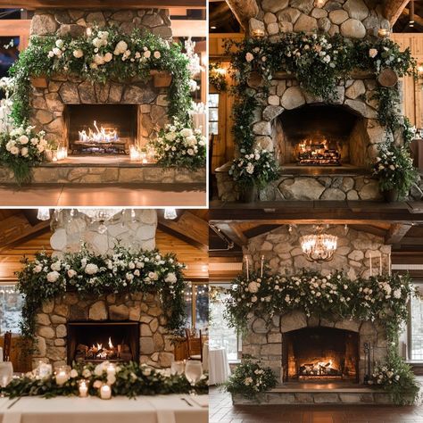 Fireplace Ceremony Backdrop, Fireplace Wedding Decor Ceremony, Wedding Venue With Fireplace, Fireplace Wedding Backdrop, Fireplace Altar Wedding, Fireplace Mantel Wedding Decor, Wedding Ceremony Fireplace, Wedding Mantle Decor, Fireplace Wedding Ceremony