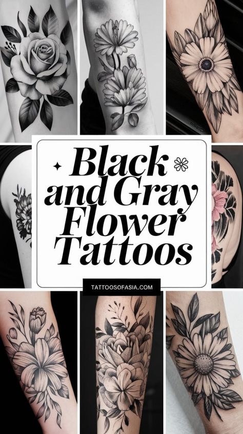 Beautiful Flower Tattoos Black And White, Black And Grey With Pop Of Color Tattoo, Gerber Daisy Tattoo Black And White, Black And Grey Cover Up Tattoo, Negative Space Floral Tattoo, Black And Grey Floral Sleeve Tattoo, Flower Tattoo Fillers Sleeve, Goth Floral Tattoo, Floral Sleeve Tattoo Black And White