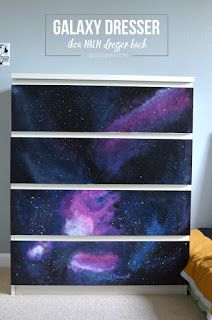 Galaxy dresser using an Ikea dresser - perfect for a space room Ikea Malm Dresser Hack, Malm Dresser Hack, Black Contact Paper, Dresser Ikea, Malm Hack, Galaxy Bedroom, Dresser Hack, Galaxy Room, Dresser Diy