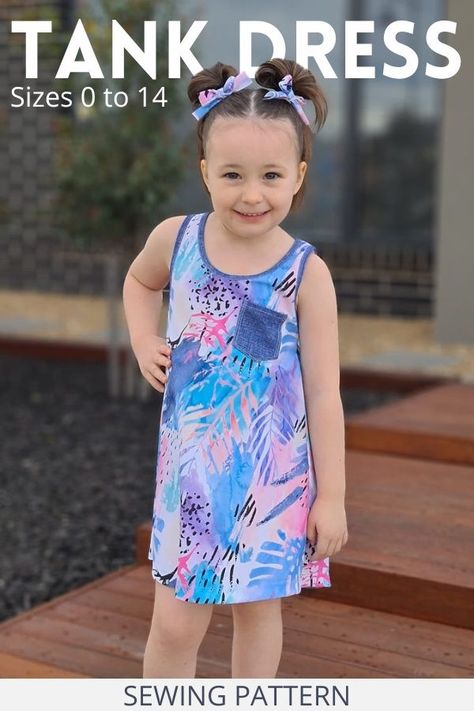 Tank Dress sewing pattern (Sizes 0 to 14). This Tank Dress is an easy-fit A-line dress designed for comfort. It’s ideal for throwing over swimmers or for running through the sprinkler on a hot summer’s day! This pattern comes with lots of options. There are 3 lengths, 2 back styles, splicing options, and a decorative pocket option. SewModernKids Simple Dress Pattern Free, Modern Girls Dress, Smurf Costume, Summer Dress Patterns Free, Sleeveless Dress Pattern, Tank Dress Pattern, Toddler Girl Outfits Summer, Kids Summer Dresses, Simple Dress Pattern