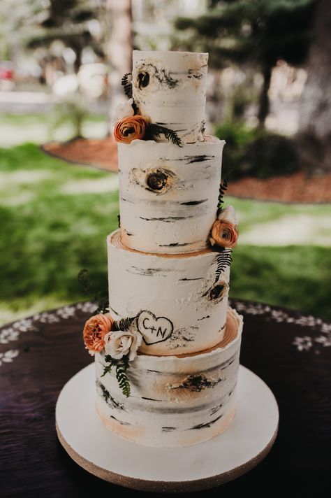 Birch Tree wedding cake #birchtree #birchweddingcake #weddingcake #outdoorwedding #summerwedding #backyardwedding Wedding Cake Tree Bark, Wedding Cake Ideas Autumn, Birch Wood Wedding Cake, Birch Cake Wedding, Aspen Tree Cake, Aspen Tree Wedding Cake, White Birch Cake, Aspen Wedding Cake, Nordic Wedding Cake