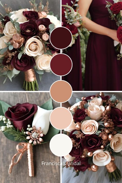 Gem Colored Wedding, Fall Wedding Colour Palettes, Fall Color Wedding Scheme, October Wedding Colors Schemes, Burgundy And Dusty Rose Wedding, Fall Wedding Colors Red, Red Wedding Color Palette, Pink And Brown Wedding, Gold Wedding Color Palette