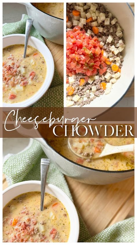 Cheeseburger Chowder Healthy Chowder, Chowder Recipe, Dutch Oven Cooking, Diced Potatoes, Easy Family Dinners, Chowder Recipes, Minced Onion, Salad Sandwich, Stock Pot